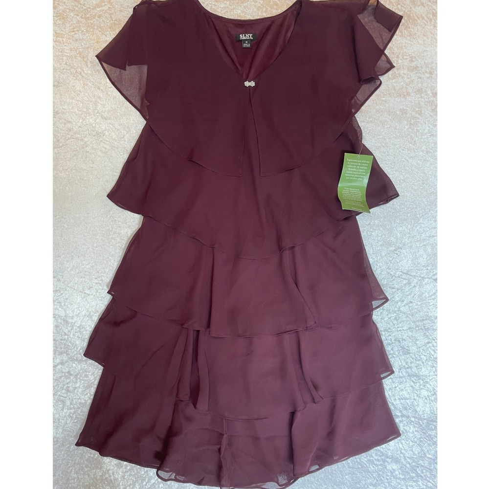SLNY Tiered Chiffon Dress Women 14 Plum New Rhinestone V-Neck - Picture 2 of 6